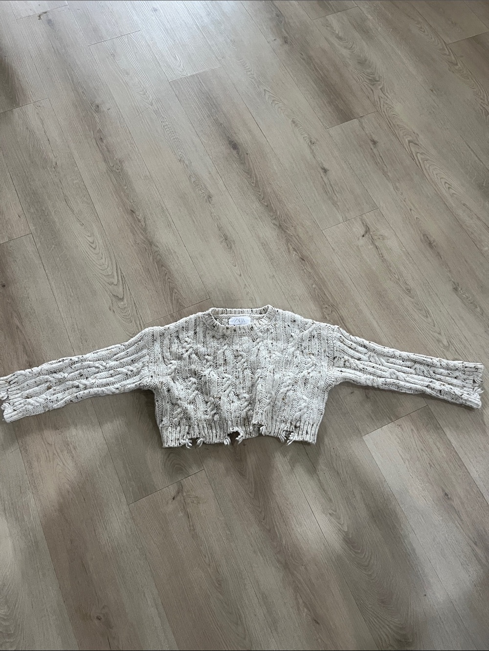 Zara Cream Speckled Cropped Cable Knit Sweater